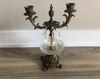 Vintage or Antique Candlestick Holder Metal  with Crystal Bowl, Candelabra w/ Crystal hanging Prisms