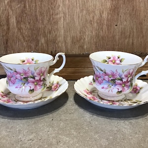 2 Royal Albert Wild Rose Teacup and Saucer, Pink Floral Cup and Saucer Set of Two