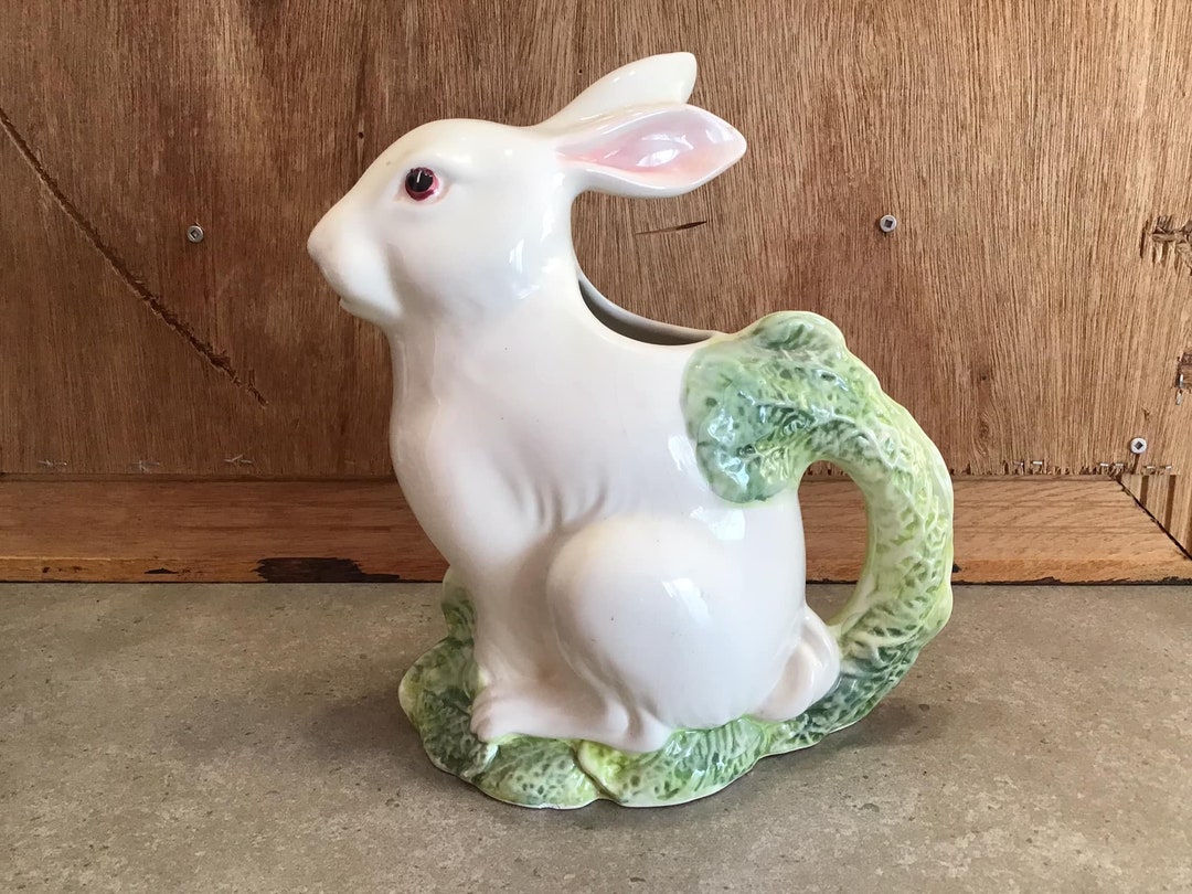 Vintage Italy Bunny Ceramic Pitcher With Cabbage Handle Country Decor ...