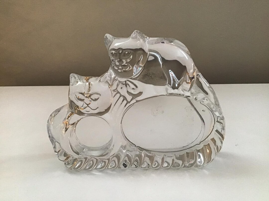 Vintage Crystal Cats Paperweight, Kitten Figurine Kitty Statuette Glass