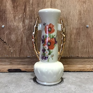 Vintage Ceramic Vase, 9" White Pottery Vase Hand Painted with Floral Design and Gold Handles, Victorian Vase
