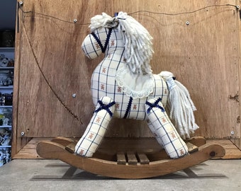 Vintage Hand Stitched Stuffed/Quilted Rocking Horse Wooden Rocking Horse Toy Yarn Mane And Tail Blue Bow Home Decor