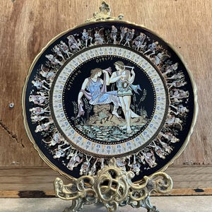 Black/Gold Ceramic Plate Greek ,Handmade In Greece, 24k Gold