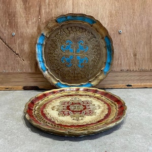 2 Vintage Florentine Tray Set Hand Painted Blue and Red Gilt Gold Italy ...