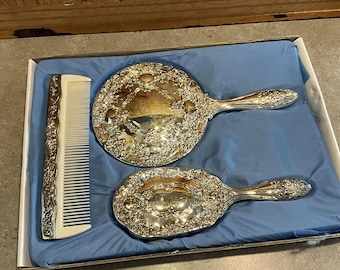 3 pc Vintage Silver Plated Vanity Set, Hand Mirror, Comb and Brush Grooming Set, Silver Design, Boudoir Dressing Room, Hollywood Regency