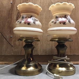 2 Vintage Glass Shade Table Lamps with Brass Base.