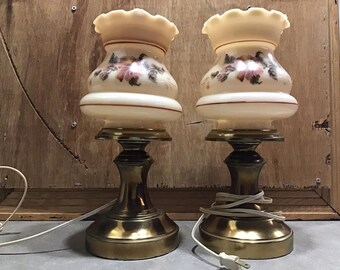 2 Vintage Glass Shade Table Lamps with Brass Base.