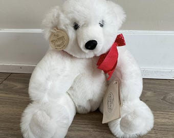 Vintage Ganz Bros Snowy Polar Bear Plush, Heritage Collection H240WM, NWT 10", Rare 1980s White Bear with Red Bow, Canadian Heritage Gift