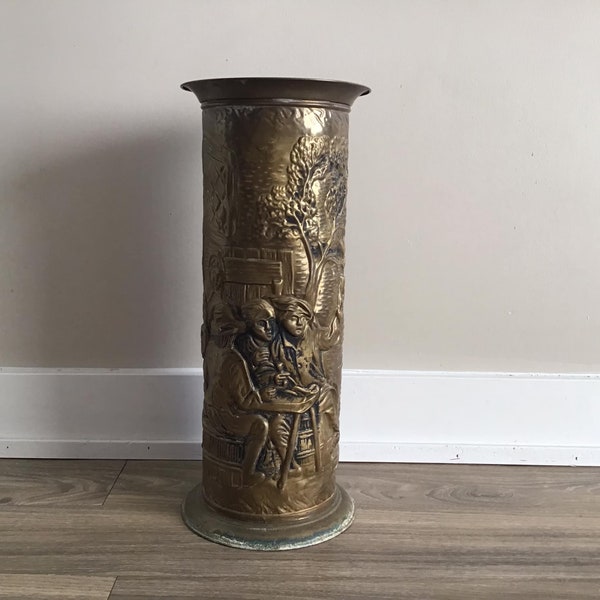 Vintage Brass Umbrella Holder Repousse Tavern Scene England Cane Stand Vintage Front Hall Entryway Basket.