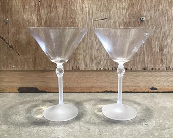 2 Martini or Cocktail Glasses with Clear Ball and Frosted Stem, Stemware, Barware