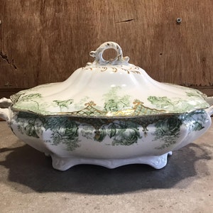 Waterloo Potteries Rose Royal Premium Semi-Porcelain T & R Boote England Covered Green/White Ceramic Dish Rare English Vegetable Tureen