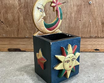 Vintage Celestial Wooden Box Carved Folk Art Sun, Moon & Star – Hand Painted Decorative Home Accent