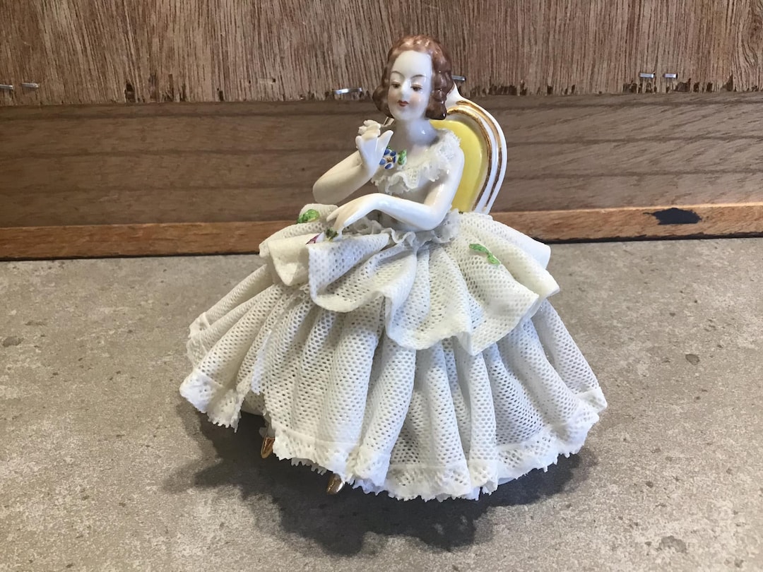 Vintage Dresden Germany Porcelain Lace Figurine Lady Sitting on