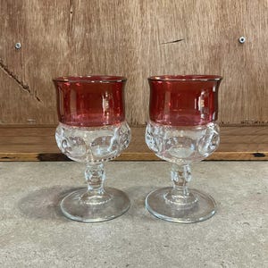2 Vintage Red Cranberry Flashed Thumbprint Stemmed Glasses