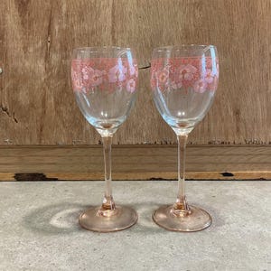 2 Wine Glasses with Pink Stems, Floral, Vintage Home Bar