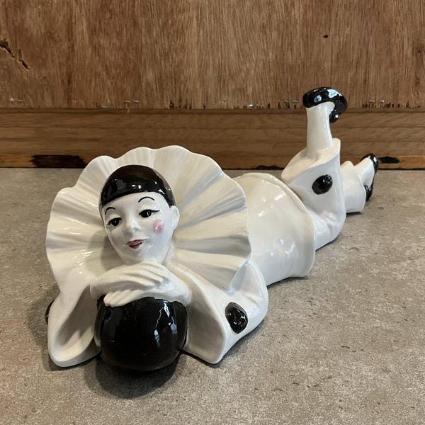 Vintage Pierrot Mime Statue Black & White Glazed Ceramic Clown Statuette Kitsch Figure