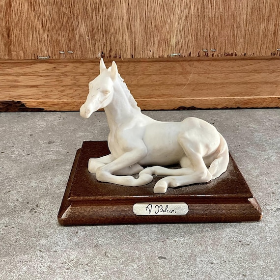 A. BELCARI, Vintage Ceramic White Horse Figurine on Wood Base