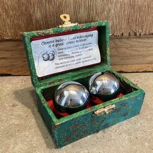 Vintage Silver Tone Chinese Baoding Stress Balls, Vintage Chiming Harmony Ball&#39;s, Baoding Balls, Chinese Health Balls with Box