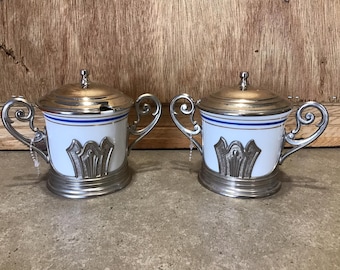 Vintage Set of 2 EP. Zinc Silver Plate and Porcelain Italian Bowls with 2 handles