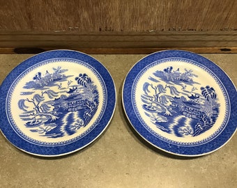 C1870 Victorian Copelands Spode Willow Blue & White China Salad Plates 6.6" Set of 2
