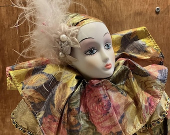 Vintage Pierrot Clown Doll Porcelain Head Arms Feet Pink & Golden