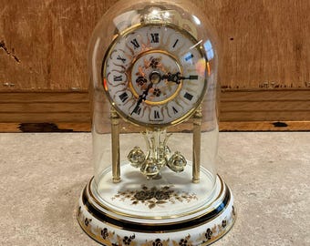 Vintage Ergo German Anniversary Clock Porcelain Base Glass Dome – Signed D Reine Handarbeit Quartz 85 Dome Clock – Gilt Gold Roses