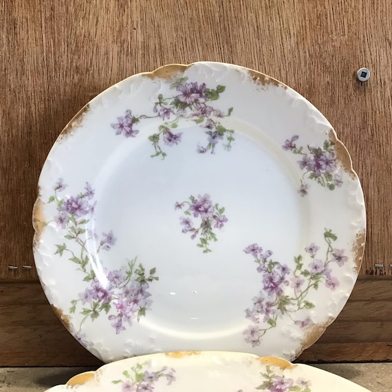 2 Limoges Porcelain Salad Plates, Purple Flowers, GDA France, CH