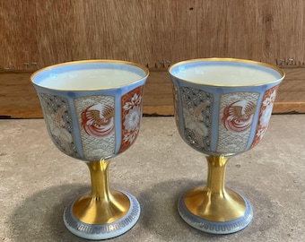 Signed Fukagawa Seiji Wine Goblets Pair – Somenishiki Kinsai Houou Pattern – 4" Japanese Porcelain Gold Stem Wine Glasses Arita
