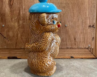 青い帽子をかぶったヴィンテージ風セラミック製クマ型クッキージャー