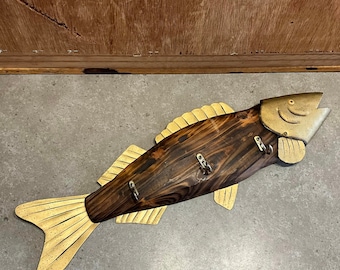 Fish, Wood with Metal, Wall Decor with 3 Hooks