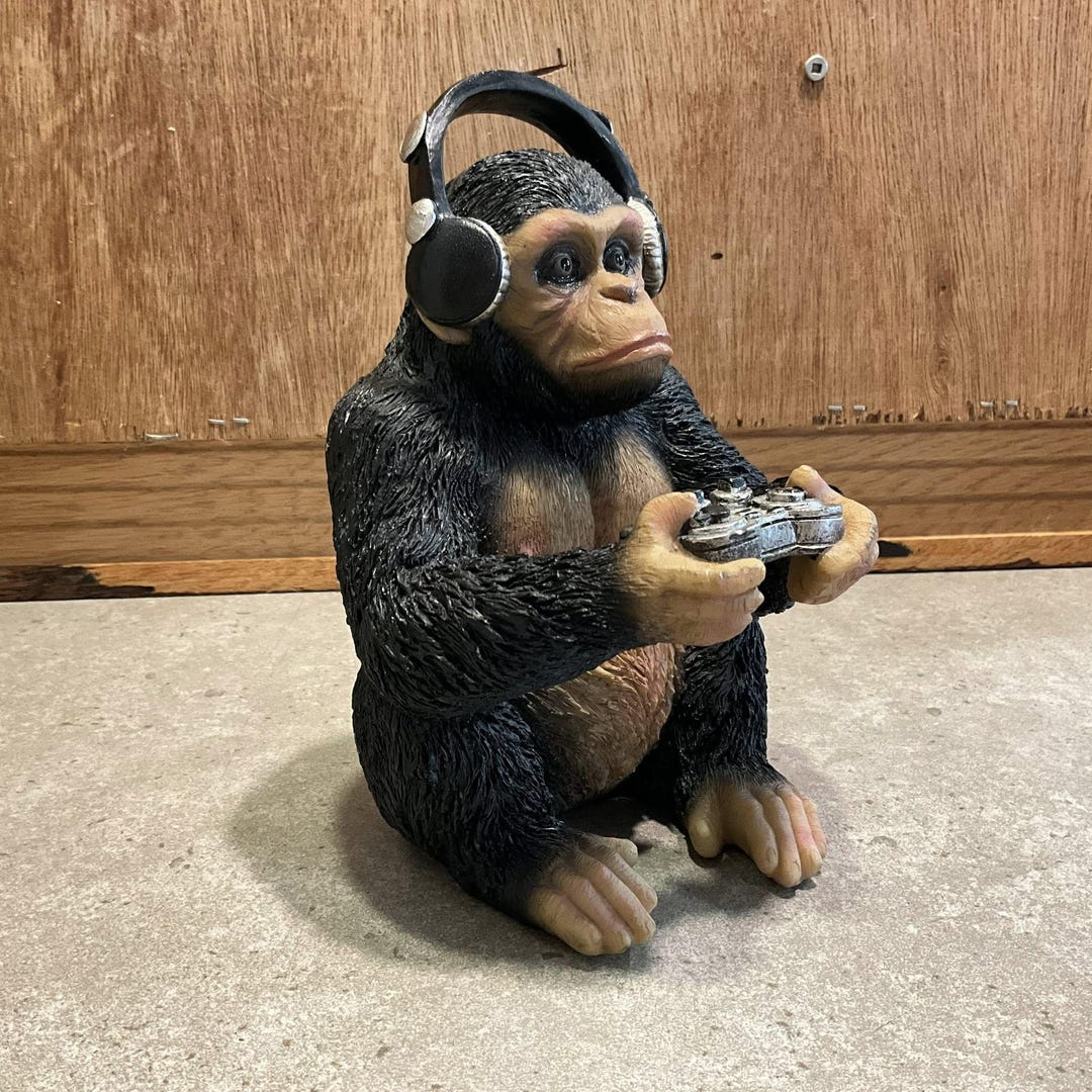 Gaming Chimp Figurine, Chimpanzee Wearing Headphones and Holding a Game ...