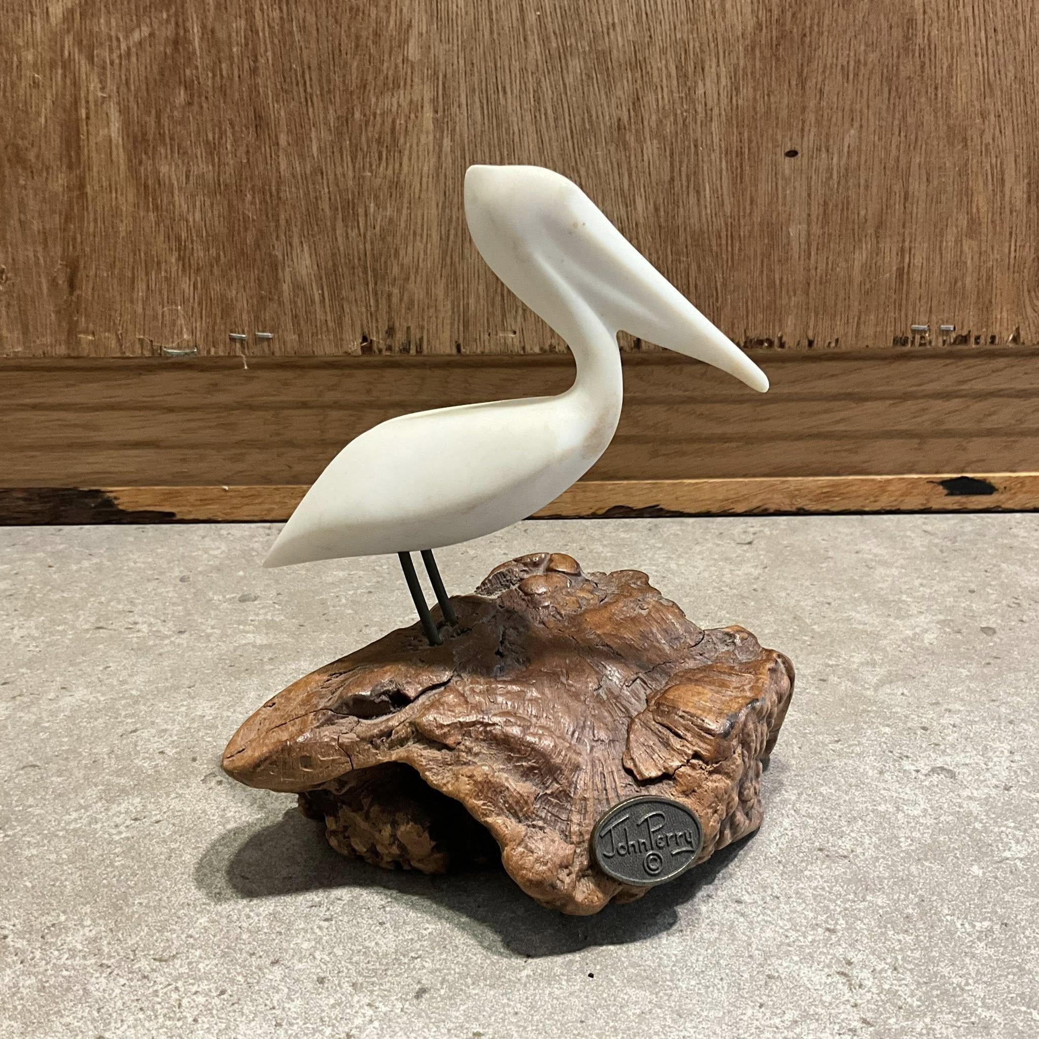 Vintage Pelican Sculpture by John Perry, Resin Pelican on Burlwood