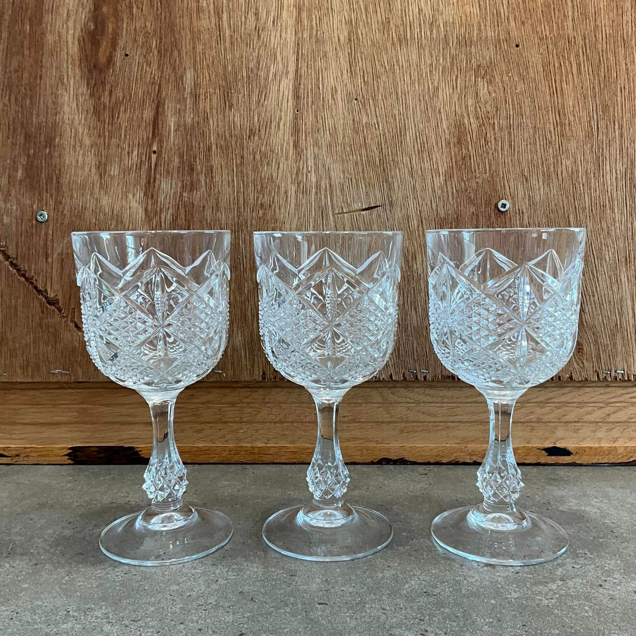 3 Cristal D'arques Palais Crystal Wine Glasses, Criss Cross Design