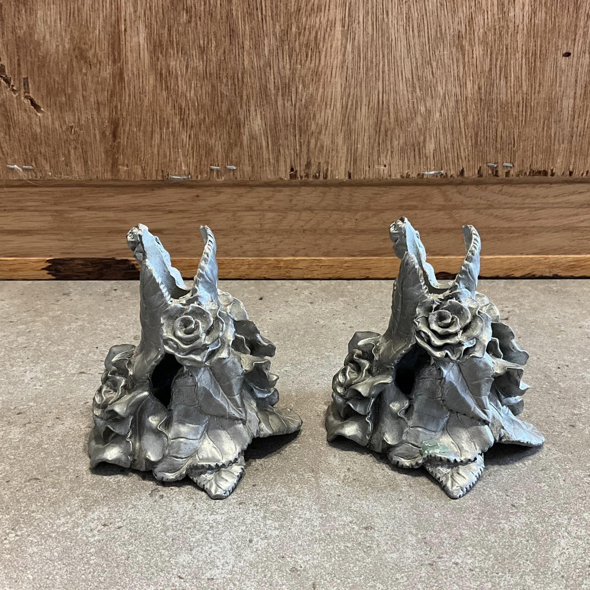 カナダSeagullシーガル社製 ガラスとピューターのキャンドルホルダー ヴィンテージ SEAGULL ピューター製「ROSES」キャンドルホルダー ペア