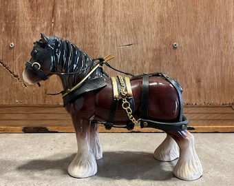 Vintage Mid Century Brown Ceramic Harness Shire Horse Statue