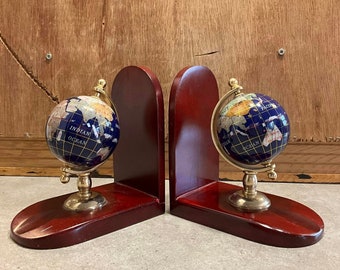 Vintage Gemstone World Globe Bookends, Brass meridian on Wood base