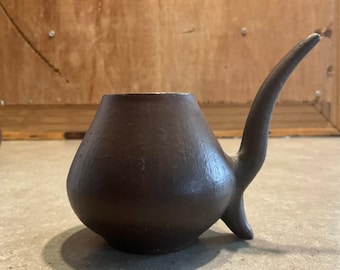 Vintage Terracotta Mate Gourd – Handcrafted Clay Cuia – South American Pottery Tea Cup – Earthy Horn Handle Boho Vase