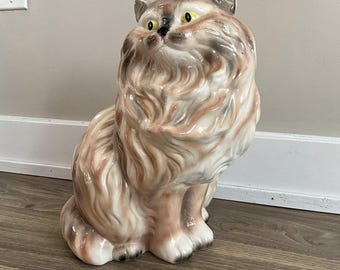 Vintage Ceramic Persian Cat Statue, 14" Hand Painted Pottery Figurine
