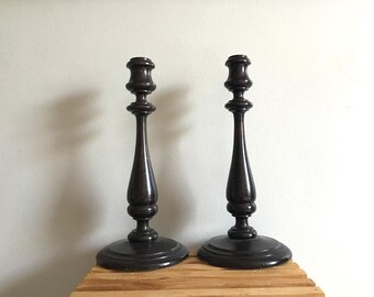2 Antique or Vintage Dark Brown Wooden Candlesticks 11.5 Tall, Wooden Home Decor, Rustic