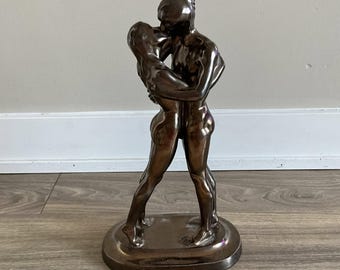 Vintage Glossy Brown Kissing Couple Statue: "My Love" Sculpture