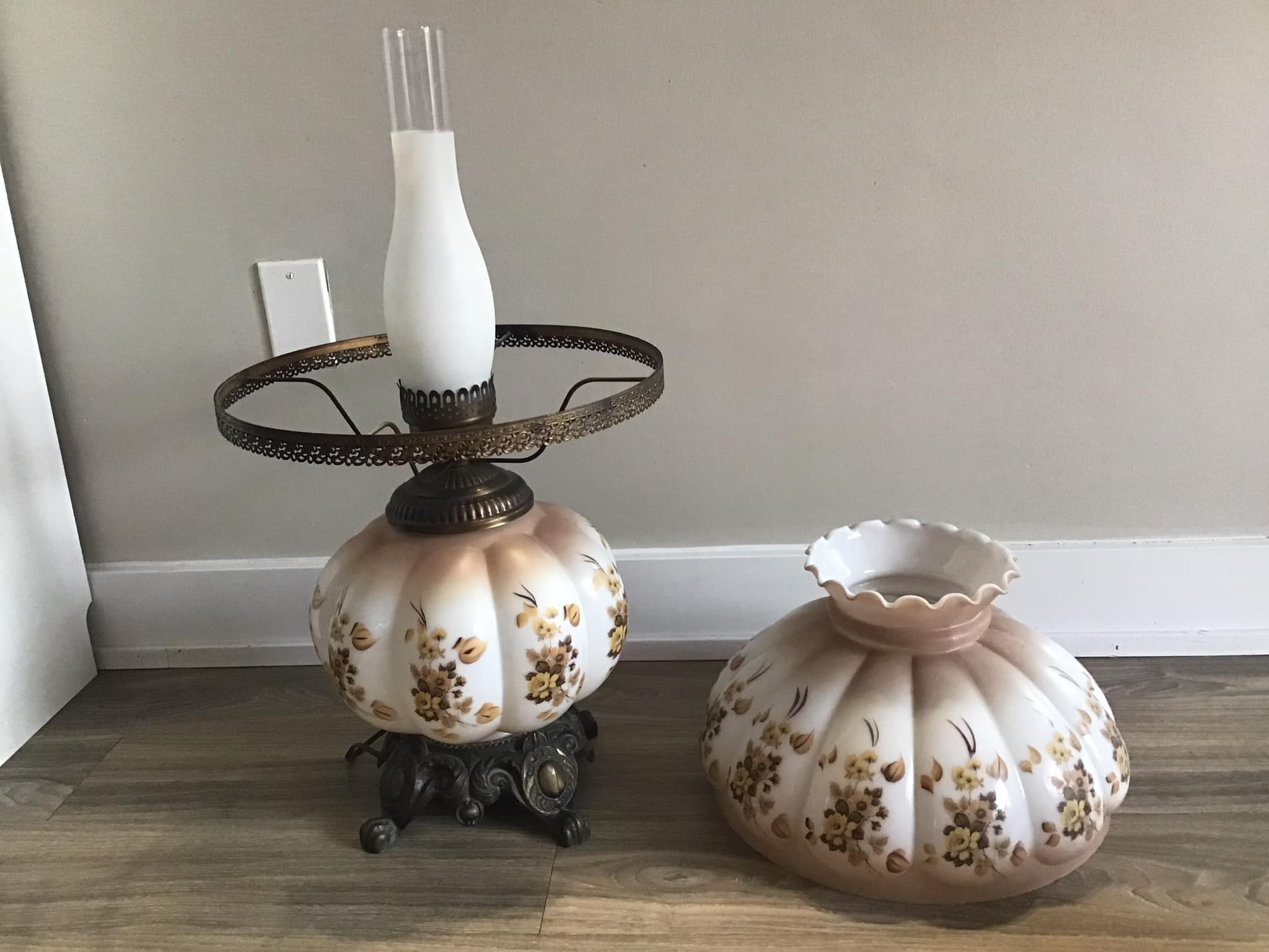 Milk Glass Hurricane Lamp Shade Gold Trim Floral Ruffled Rim Globe Vintage Floral Milk Glass Hurricane Lamp – Post Furnishings main image 4