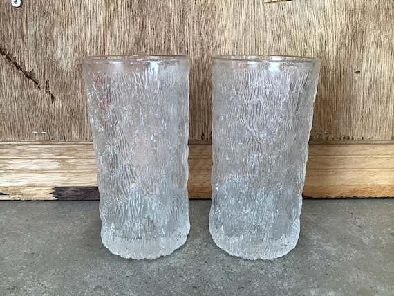 2 Vintage Rare Clear Bark Textured Glass Cup Drinking Glasses Mid Century