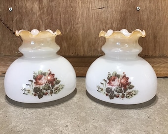 2 Vintage Glass Lamp Shades, table lamps, Lamp Shade 5.3 Inch Tall Student Shade Hand Painted Milk Glass Vintage Lamp Torch Light Shade