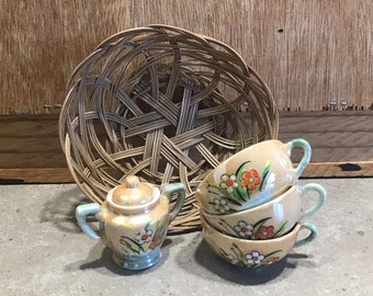 Vintage Floral Mini Tea Set with Wicker basket, 3 Cups with Sugar bowl Made in Japan