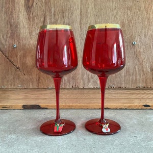 2 Red with Gold Rim Wine Glasses Italian Wine Glass Set Gold Trim Italy