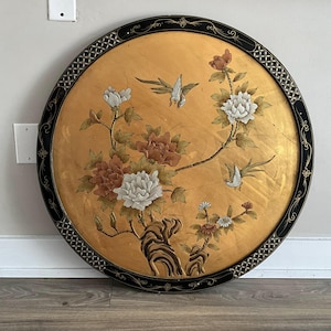 Old Vintage Gold Leaf Wall Art Asian, Gold, Black, Lacquer Floral Bird Motif Painting, Wall Art