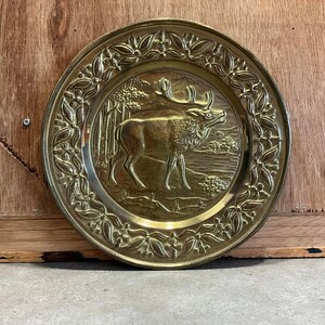 Vintage Brass elk plate wall decor, Brass Decorative Wall Plate Embossed Decor