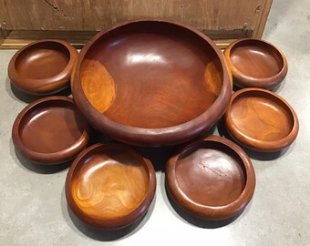 Ensemble de saladier vintage en bois sculpté : décoration de bar bohème tiki