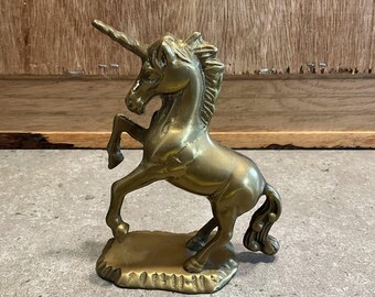 Vintage Brass Unicorn Figurine: Retro Gold Tone Metal Statuette