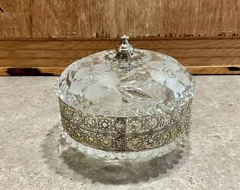 Vintage Glass Floral Bowl With Lid/Potpourri Bowl/Trinket Dish/Dresser Box